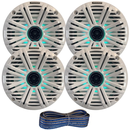2 Pair (QTY 4) of Kicker 6.5" 2-Way 195 Watts Max Power Coaxial Marine Audio MultiColor LED Speakers with White Salt Water Grilles, 50-Feet 16-Gauge Speaker Wire