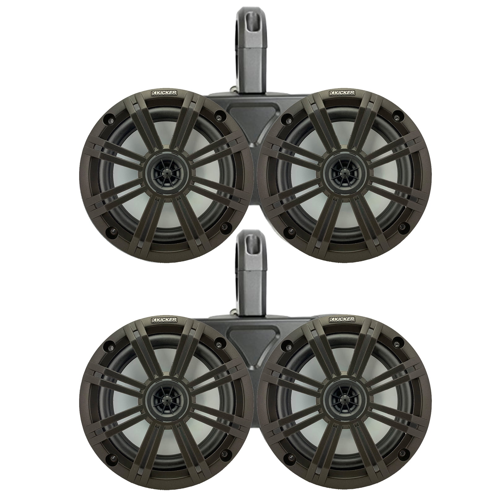 2 Pair (QTY 4) of Kicker 6.5" 2-Way 195 Watts Peak Power Coaxial Marine Audio Speakers with Charcoal Grilles, 6.5" Marine Tower Dual Speaker Enclosures (Pair) - Black