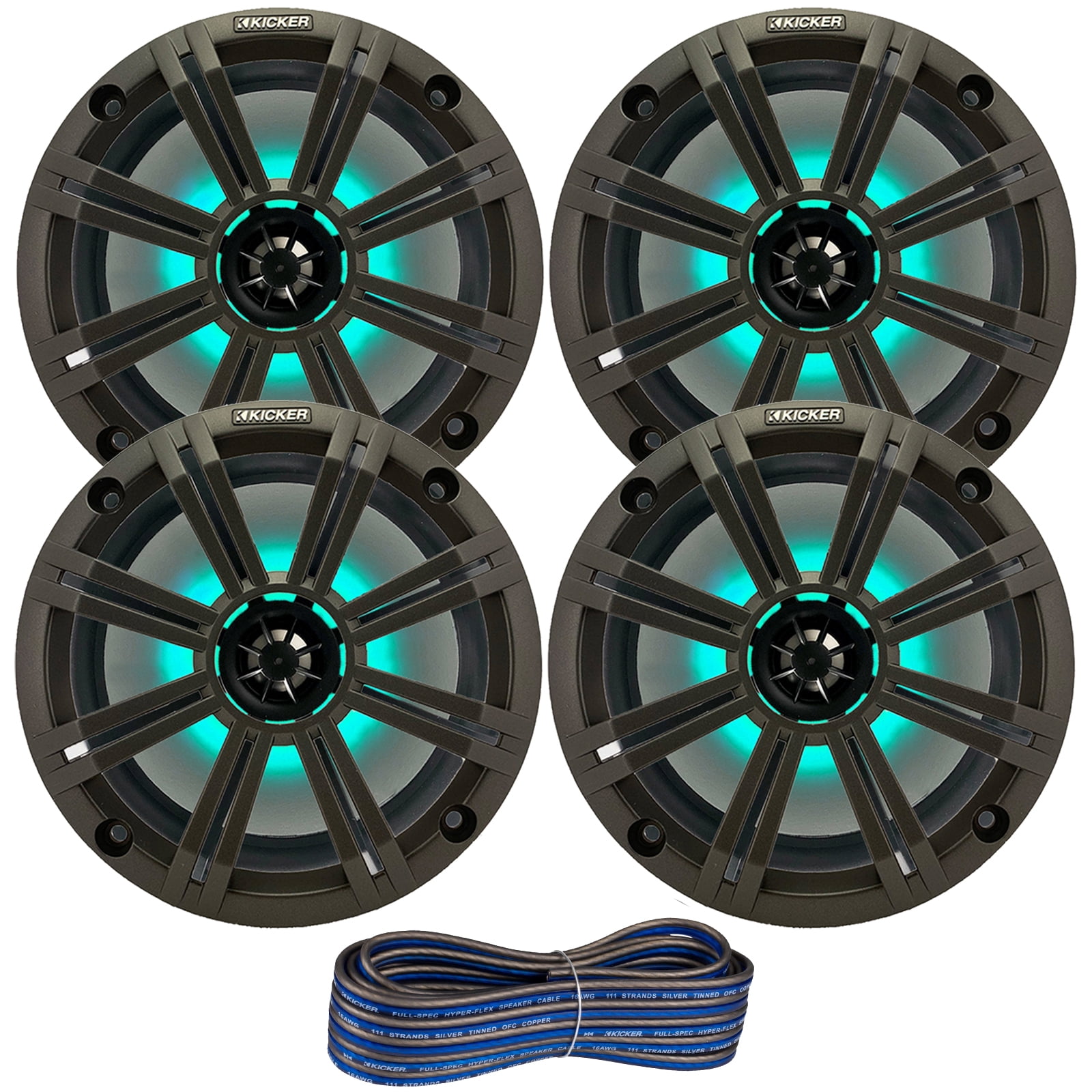 2 Pair (QTY 4) of Kicker 8" 2-Way 300 Watts Max Power Coaxial Marine Audio MultiColor LED Speakers with Charcoal Grilles, 50-Feet 16-Gauge Speaker Wire