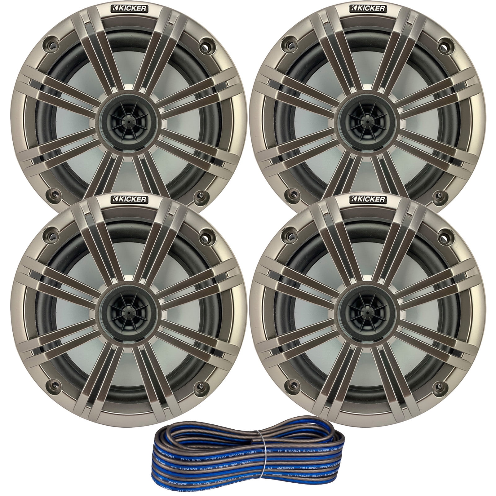 2 Pair (QTY 4) of Kicker 6.5" 2-Way 195 Watts Max Power Coaxial Marine Audio Speakers with Silver Grilles, 50-Feet 16-Gauge Speaker Wire