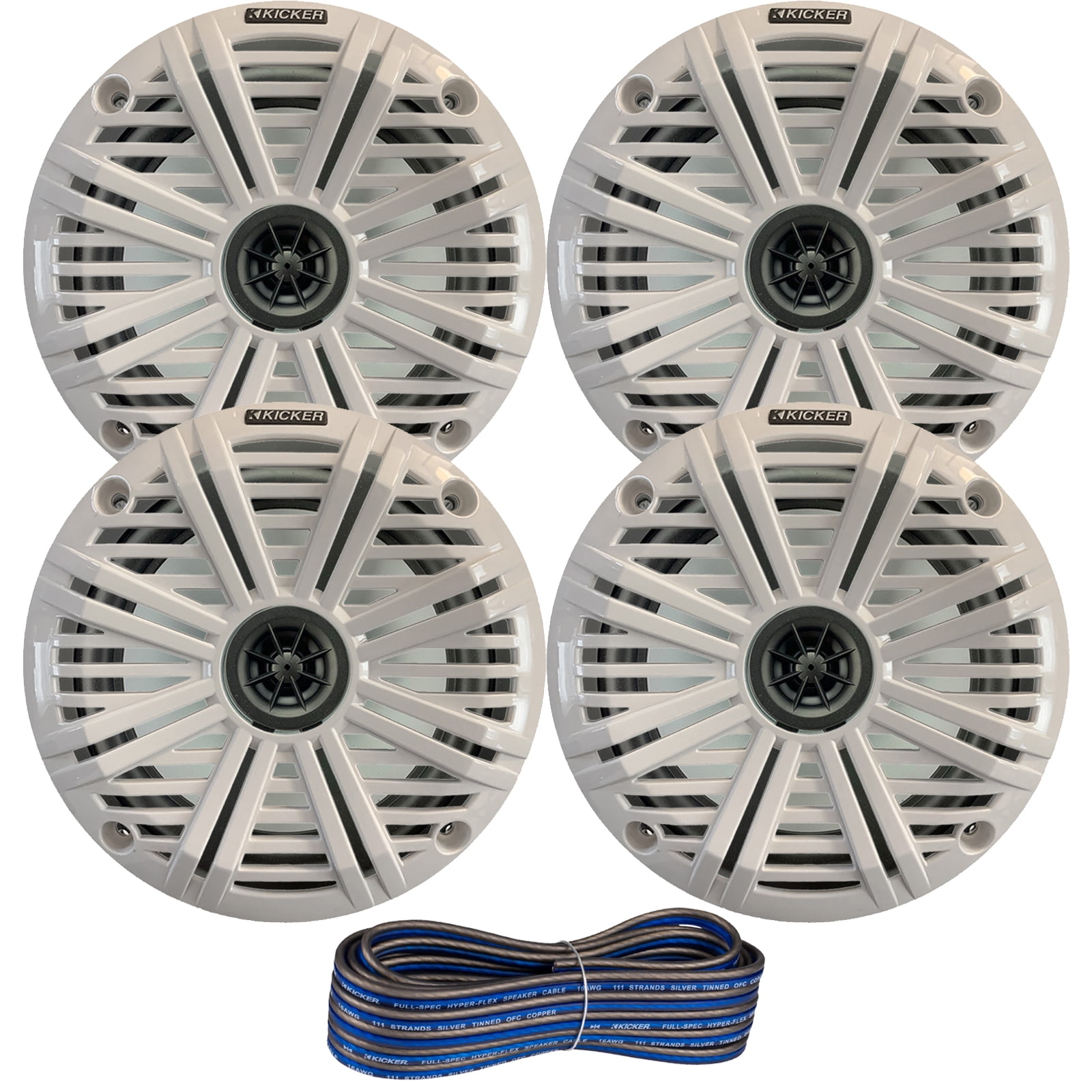 2 Pair (QTY 4) of Kicker 6.5" 2-Way 195 Watts Max Power Coaxial Marine Audio Speakers with White Salt Water Grilles, 50-Feet 16-Gauge Speaker Wire