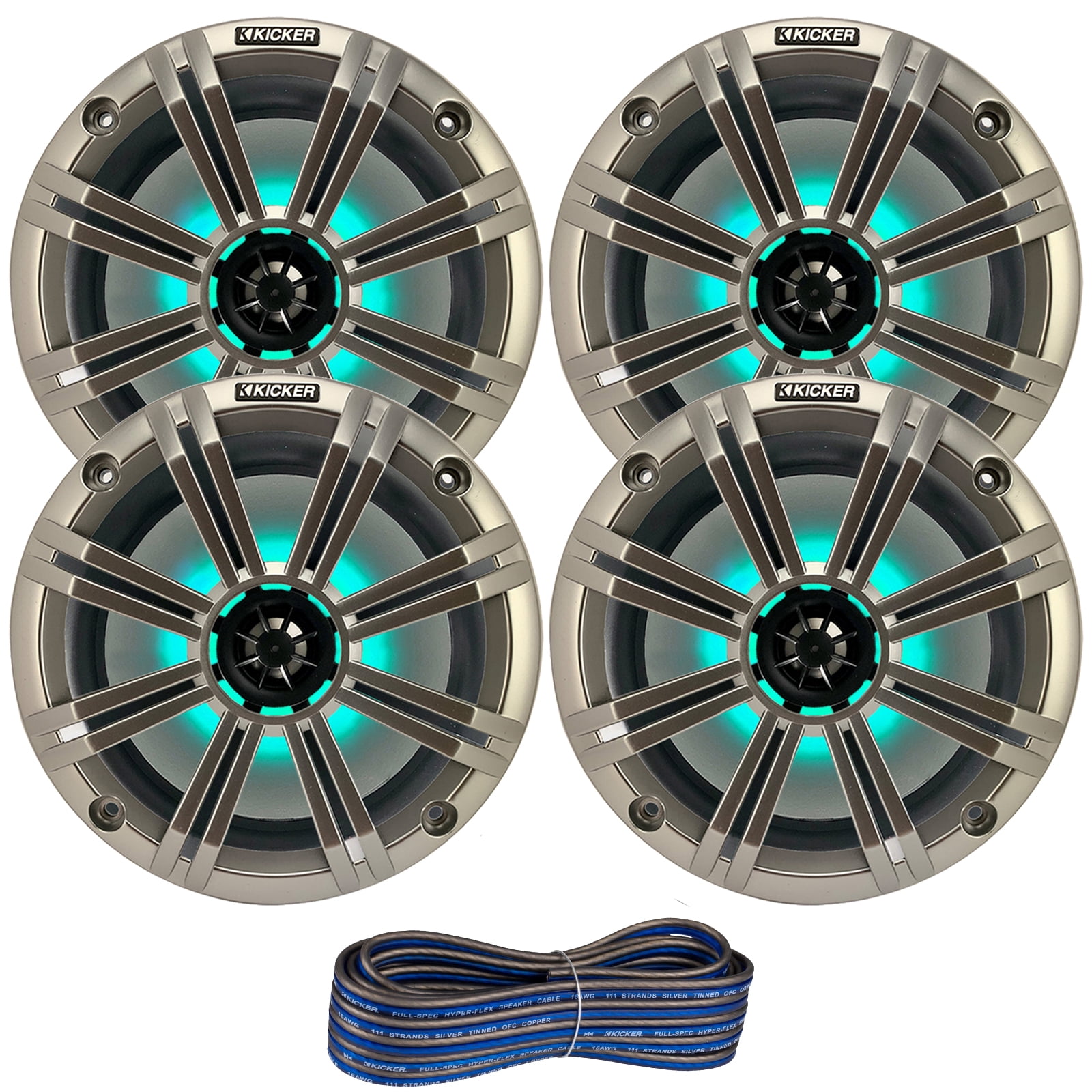 2 Pair (QTY 4) of Kicker 8" 2-Way 300 Watts Max Power Coaxial Marine Audio MultiColor LED Speakers with Silver Grilles, 50-Feet 16-Gauge Speaker Wire