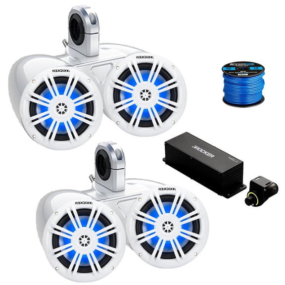 2 Pair (Qty 4) of Kicker 51KM604WL 6.5" 150 Watt Max Marine Multicolor LED Audio Speakers (White), 2x 6.5" Dual Speaker Enclosure (White),Wired Controller w/ Wire