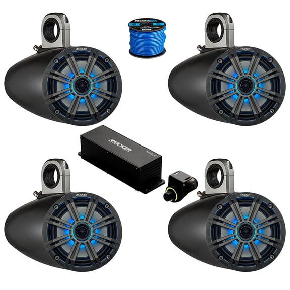 2 Pair (Qty 4) of Kicker 6.5" 195 Watt Max Marine Multicolor LED Audio Speakers, Charcoal Grilles, 4x 6.5" Single Speaker Enclosure (Black), Wired Controller w/ Wire