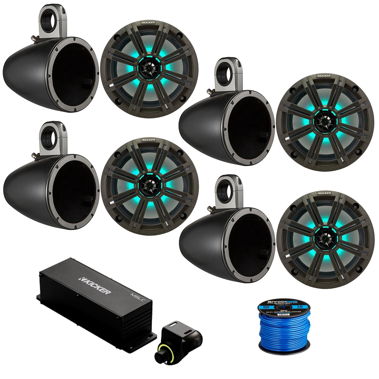 2 Pair (Qty 4) of Kicker 8" 300 Watt Max Marine Multicolor LED Audio Speakers, Charcoal Grilles, 4x 8" Single Speaker Enclosure (Black), Wired Controller w/ Wire