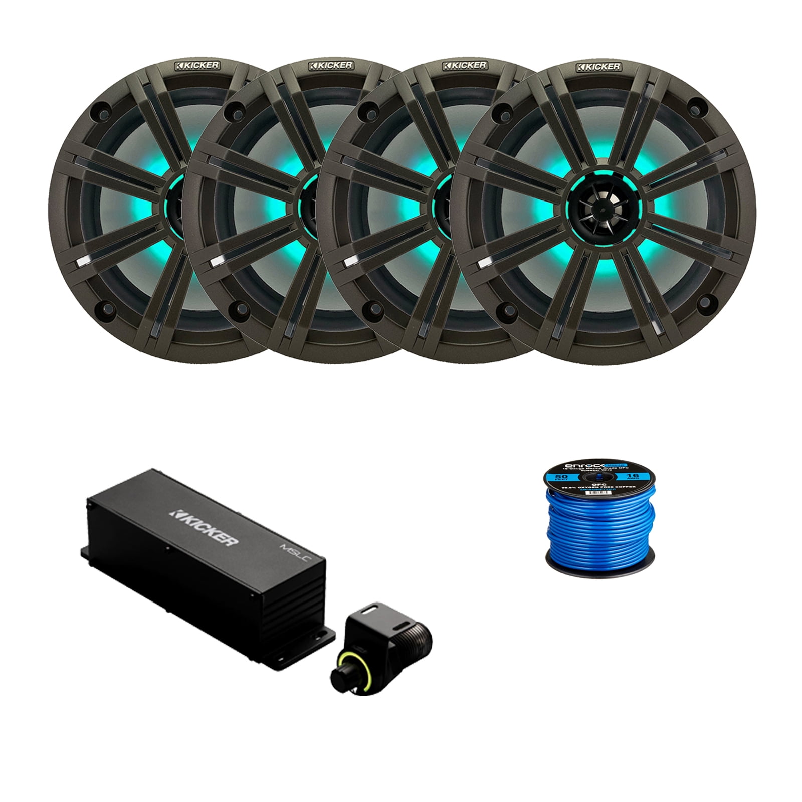 2 Pair (Qty 4) of Kicker 8" 300 Watt Max Marine Multicolor LED Audio Speakers, Charcoal Grilles, Wired Controller w/ Wire