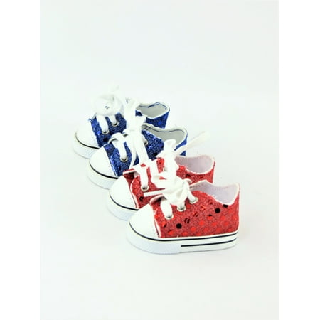 2 Pair Sequin Sneakers - Red & Blue - Compatible with 18" American Girl Dolls, Madame Alexander, Our Generation, etc. - 18 Inch Doll Clothes - Doll Not Included