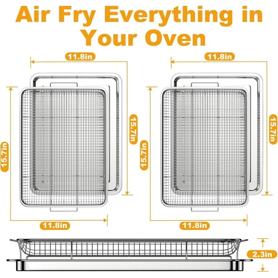 2-Pair Set Air Fryer Basket for Oven 15.7x11.8 Inches, Large Stainless Steel Crisper Tray and Pan Rack for Baking, Broiling, and Cooking