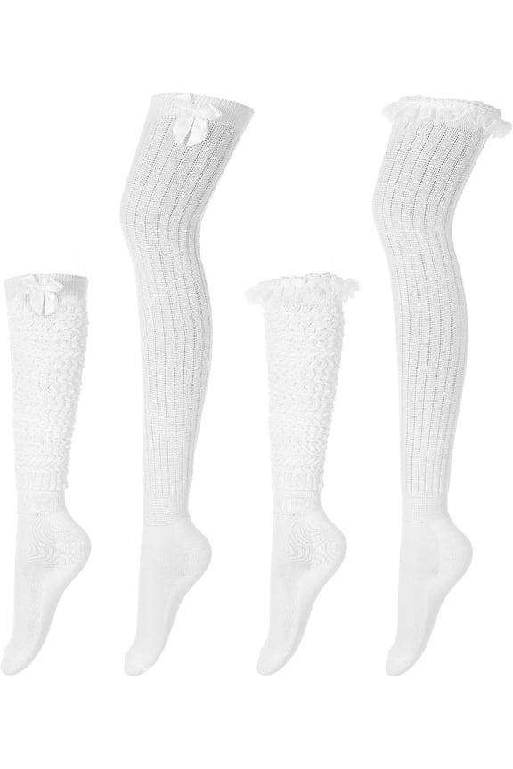 2 Pair Socks for Women Over The Knee Socks with Bows Lace Trim Ruffle Satin White Stockings