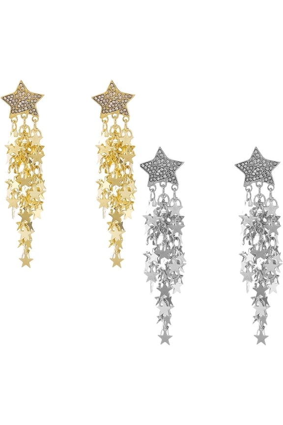 2-Pair Star Tassel Earrings for Women  Pave Crystal Fringe Dangle Earrings (Gold & Silver), Boho Waterfall Drop Ear Studs for Party & Daily Wear[s362]