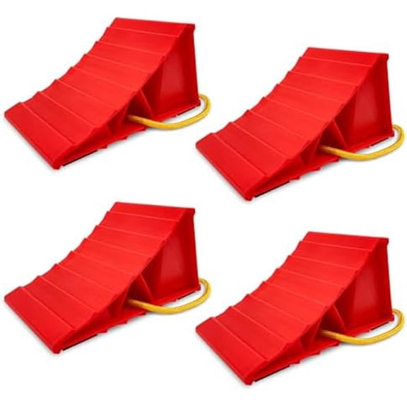 2 Pair Wheel Chocks for Travel Trailers, Non Slip Heavy Duty Red Wheel Chock with Rope, Lightweight Wheel Stoppers for Cars Campers Trucks RVs, Easy to Carry & Suitable for Most Tyre Sizes