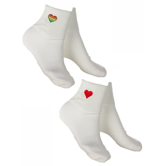 2 Pair White Bobby Socks w Red & Rainbow Heart Appliques - Womens Socks Sz 9-11