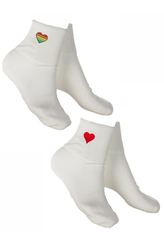 2 Pair White Bobby Socks w Red & Rainbow Heart Appliques - Womens Socks Sz 9-11