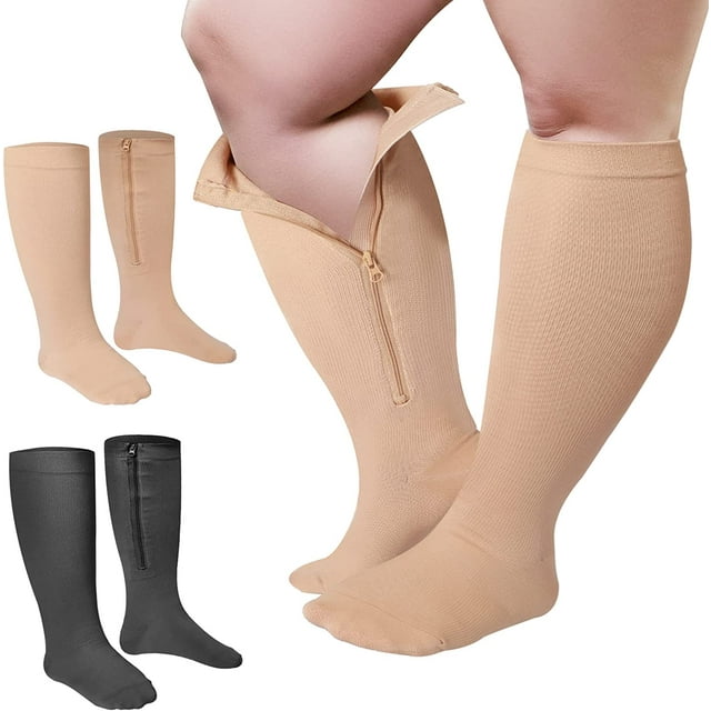 Medical Grade 2 Pair Wide Plus Size Calf Compression Socks With Zipper