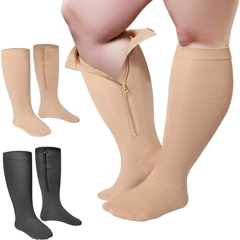 2 Pair Wide Plus Size Calf Compression Socks with Zipper for Overweight  Women Men 15 to 25 MmHg Zipper Compression Stockings 