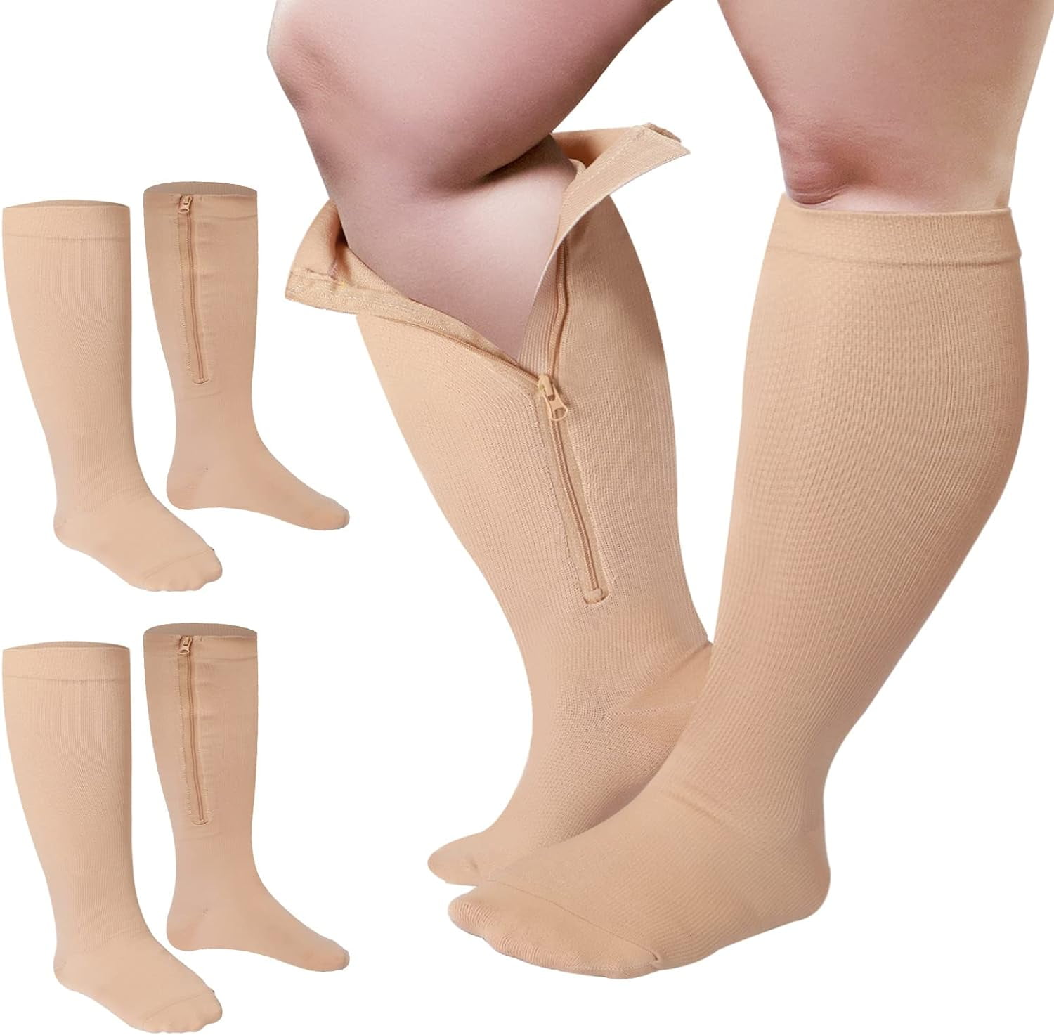 Aosijia 3XL Plus Size Calf Compression Sleeve For Women & Men, Extra Wide Leg Support For Shin Splints, Leg Pain Relief And Support Circulation, Swelling, Travel, Work, Sports And Daily Wear, Beige
