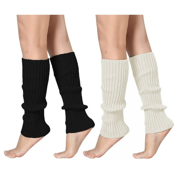 2 Pair Women Winter Leg Warmers, Ribbed Knit Leg Warmers,Fashion Solid Colors Soft Skin-friendly Stretch Knitted Thigh High Over the Knee Footless Socks,Christmas Gifts(White+Black)