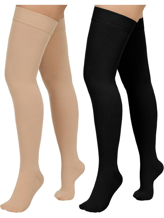 2 Pair Wukang 20-32mmHg Thigh High Compression Stocking Closed Toe Compression Socks for Women & Men(Beige+Black)