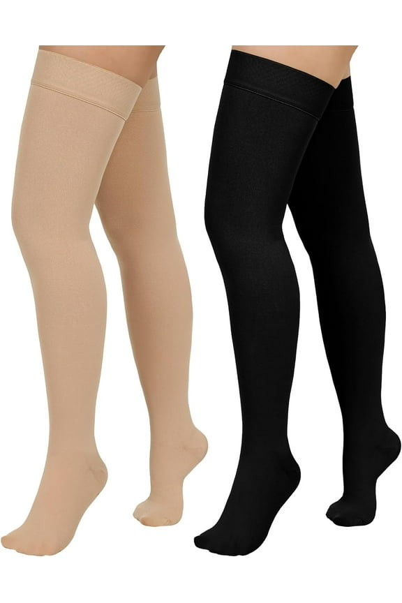 2 Pair Wukang 20-32mmHg Thigh High Compression Stocking Closed Toe Compression Socks for Women & Men(Beige+Black)
