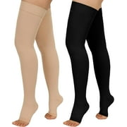 2 Pair Wukang 20-32mmHg Thigh High Compression Stocking Toeless Compression Socks for Women & Men(Beige+Black)
