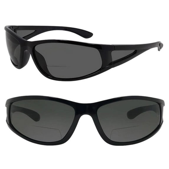 2 Pair of Bifocal Sport Wrap Reading Sunglasses with Side Shield Lens - Gloss Black - 1.5
