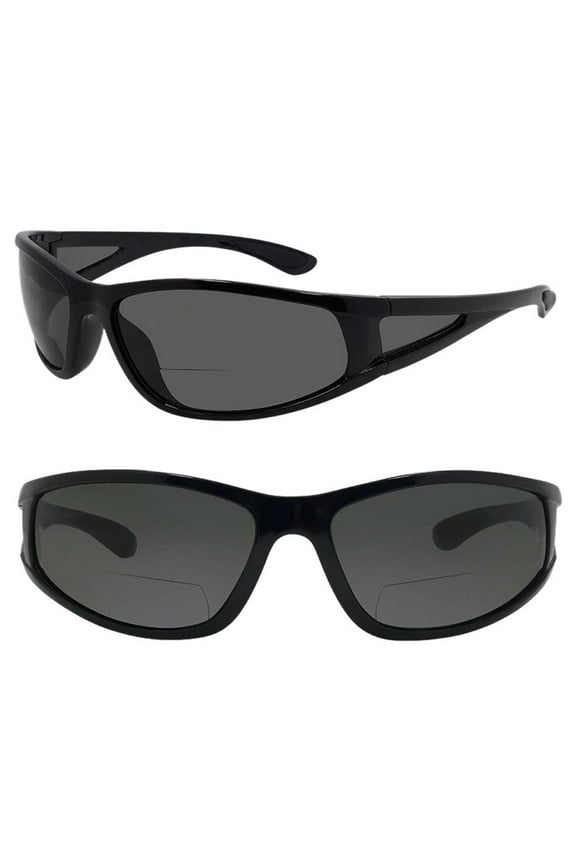2 Pair of Bifocal Sport Wrap Reading Sunglasses with Side Shield Lens - Gloss Black - 1.5