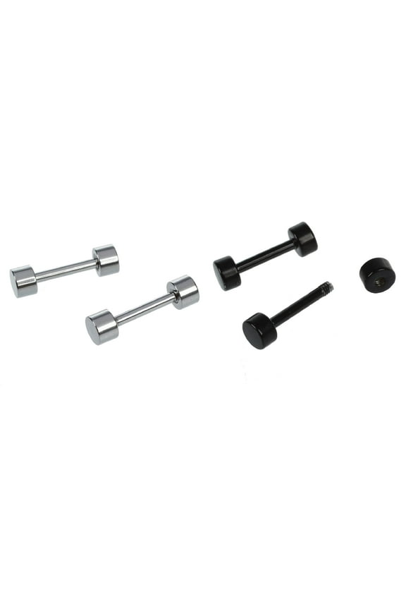 2 Pair of Men's Barbell Titanium Steel Ear Studs Earrings 3mm Silver Colour & 4mm Black
