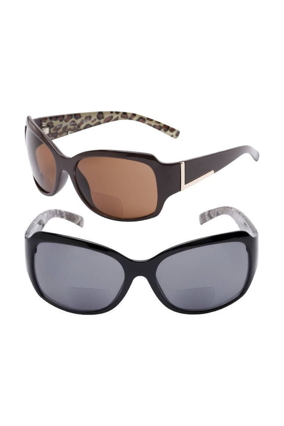 2 Pair of "The Fashionista" Womens Designer Bifocal Sunglasses - Outdoor Reading Glasses - Black/Brown - 1.00