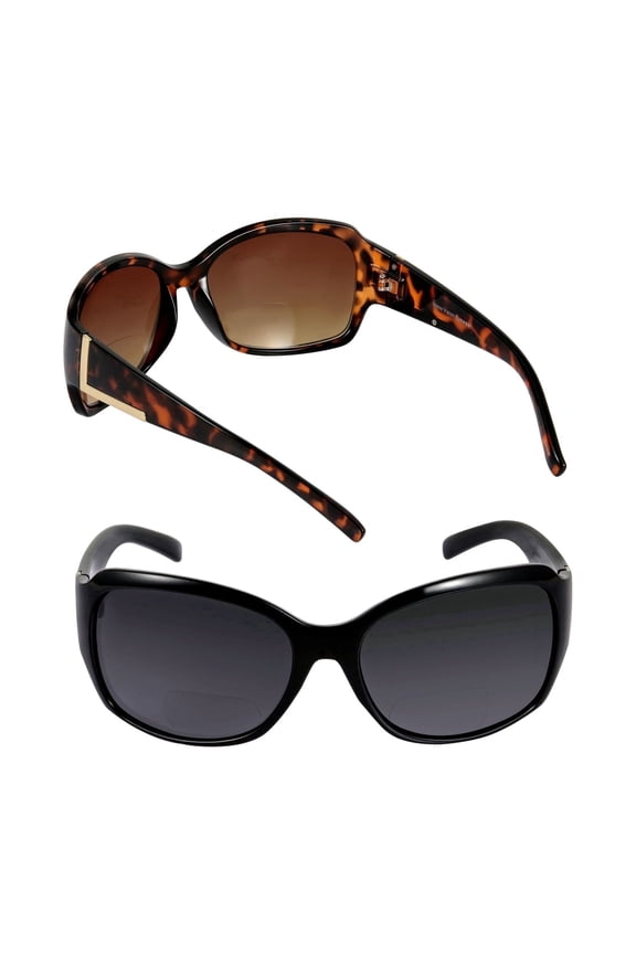 2 Pair of "The Fashionista" Womens Designer Bifocal Sunglasses - Outdoor Reading Glasses - Black/Tortoise - 2.50