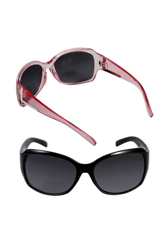 2 Pair of "The Fashionista" Womens Designer Bifocal Sunglasses - Outdoor Reading Glasses - Glacier Pink/Black - 2.50