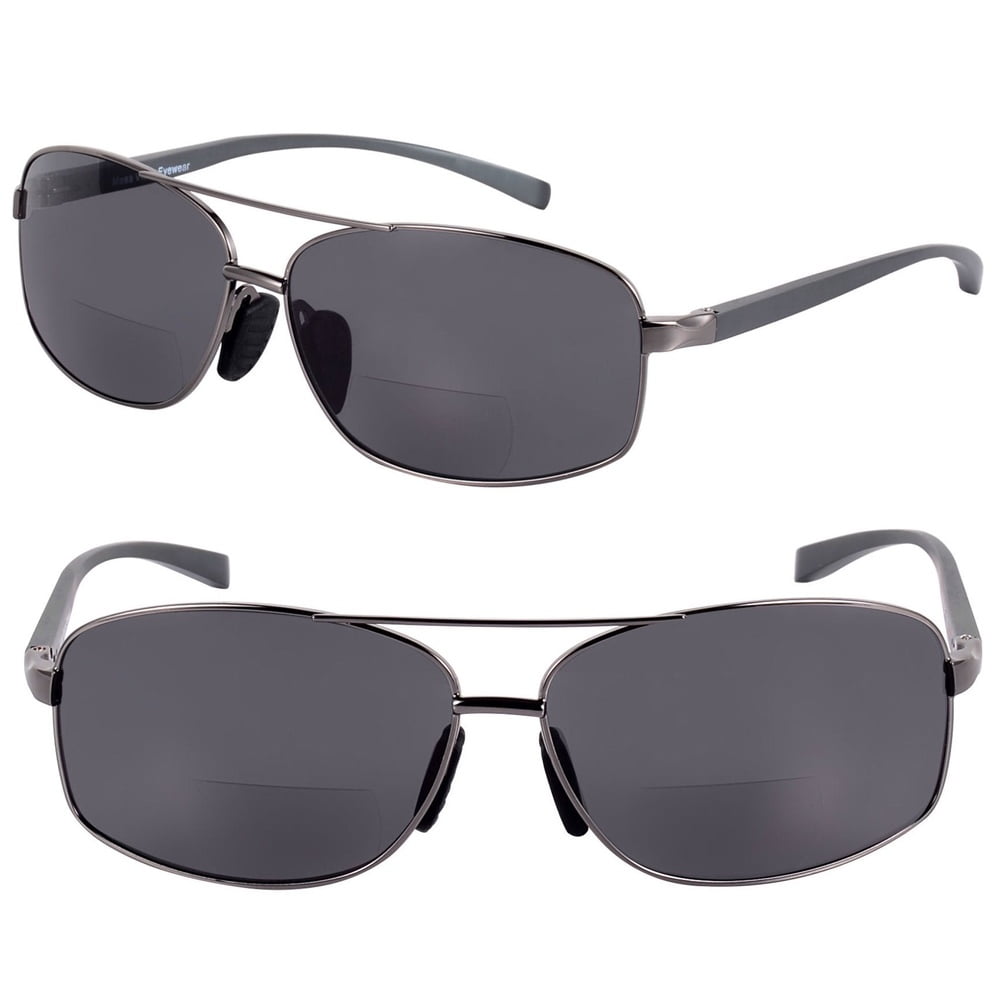 2 Pair of "The Navigator" Lightweight Rectangular Aviator Metal Frame Bifocal Sunglasses - 1.75