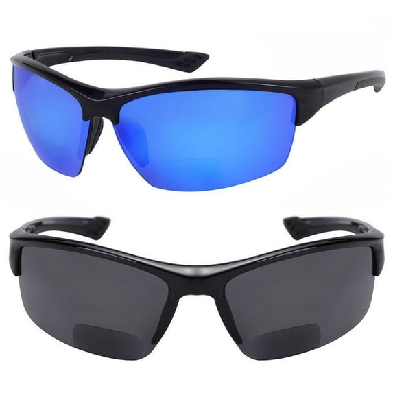 2 Pair of "The Skillful" Lightweight Sport Wrap Polarized Bifocal Sunglasses - Black/Open Road Blue - 1.75