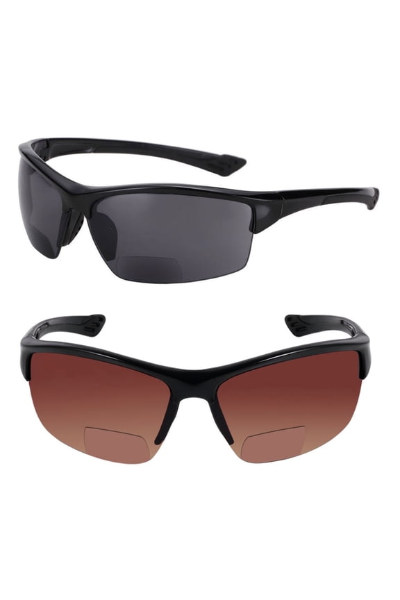 2 Pair of "The Skillful" Semi Rimless Sport Wrap Bifocal Sunglasses