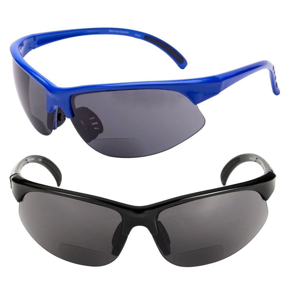 2 Pair of Unisex Bifocal Sport Wrap Sunglasses - Outdoor Reading Sunglasses - Black/Blue - 2.25