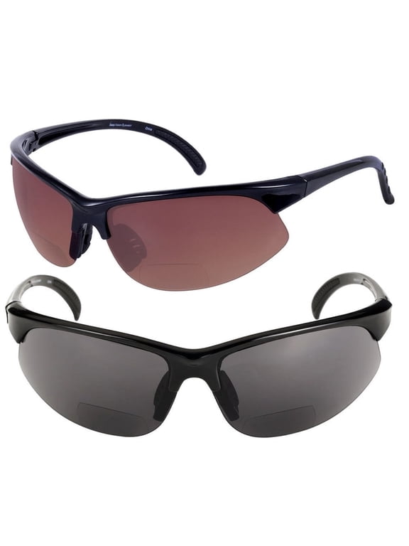 2 Pair of Unisex Bifocal Sport Wrap Sunglasses - Outdoor Reading Sunglasses - Black/High Definition Amber - 1.50