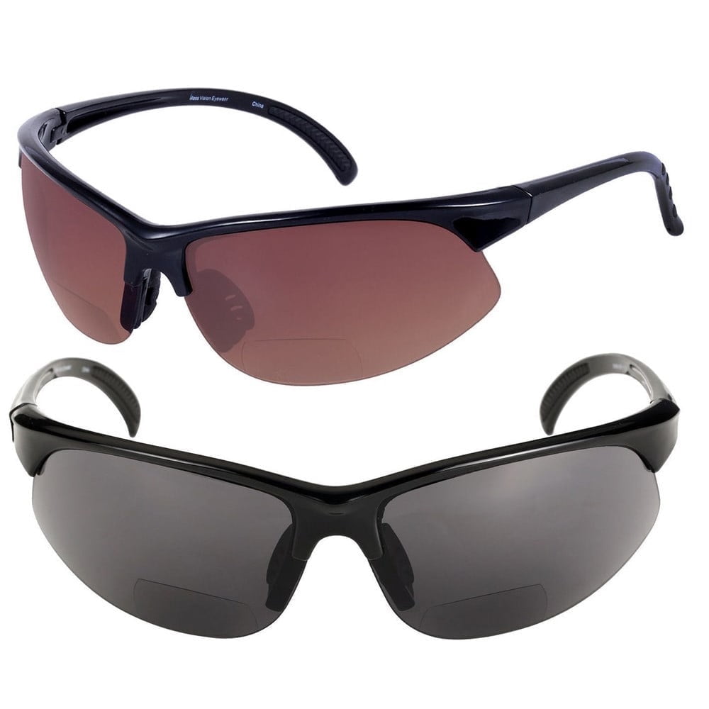 2 Pair of Unisex Bifocal Sport Wrap Sunglasses - Outdoor Reading Sunglasses - Black/High Definition Amber - 1.75