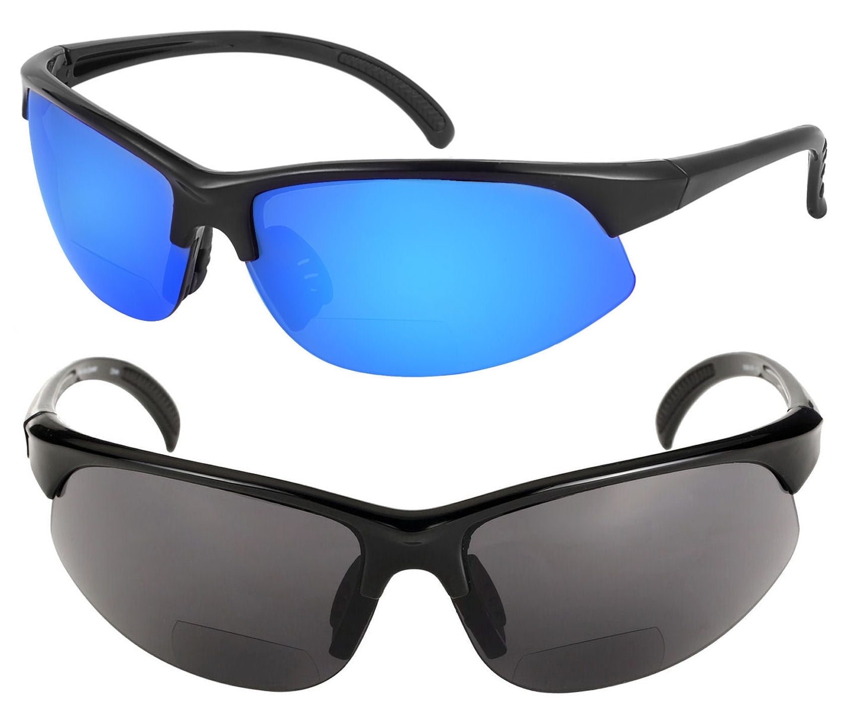 2 Pair of Unisex Bifocal Sport Wrap Sunglasses - Outdoor Reading Sunglasses - Black/Open Road Blue - 1.50