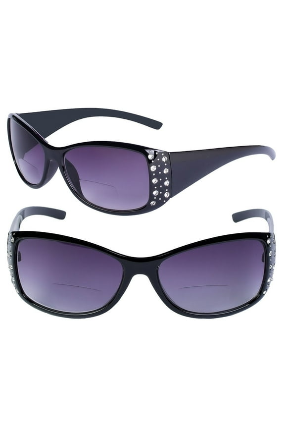 2 Pair of Womens Designer Bifocal Sunglasses with Rhinestones - Black/Black - 1.50