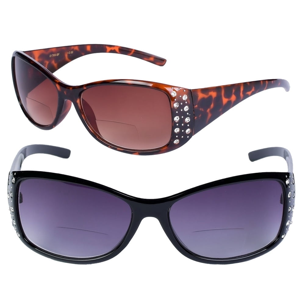 2 Pair of Womens Designer Bifocal Sunglasses with Rhinestones - Black/Tortoise - 2.50