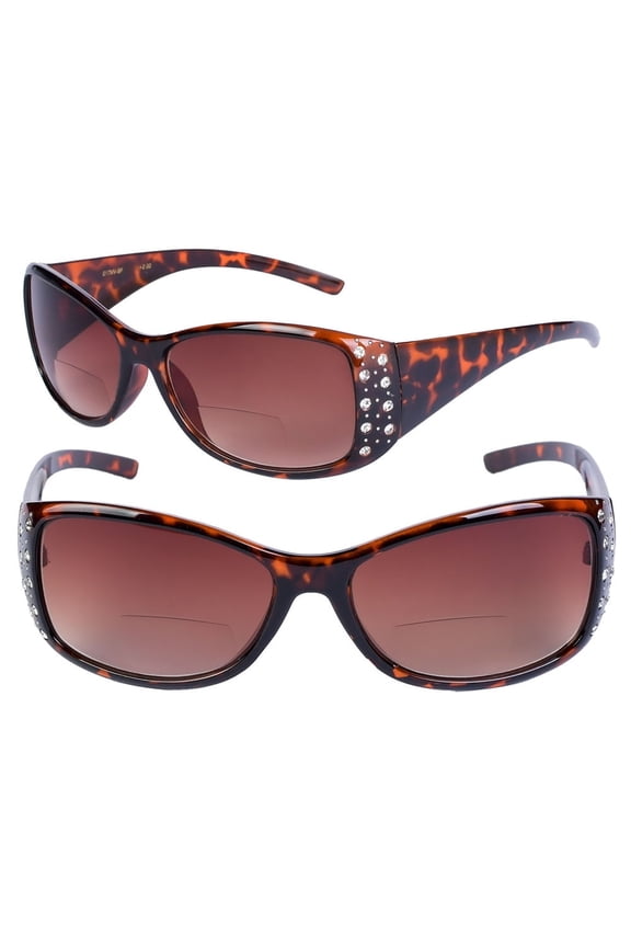 2 Pair of Womens Designer Bifocal Sunglasses with Rhinestones - Tortoise/Tortoise - 1.50