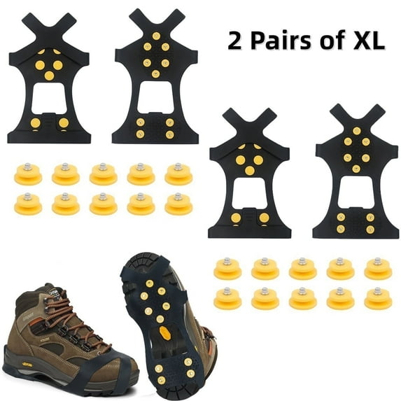 Gamexcel 2 Pair of XL Ice Cleats Non-Slip 10 Studs Ice Grips Traction Cleats Grippers Spikes Crampons for Hiking Shoes and Boots