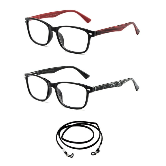 2 PairNewbee Fashion - "Way" Slim Fit Vintage Style Two Tone Reading Glasses with Landyard,1 Black/Red & 1 Black/Sliver +1.50