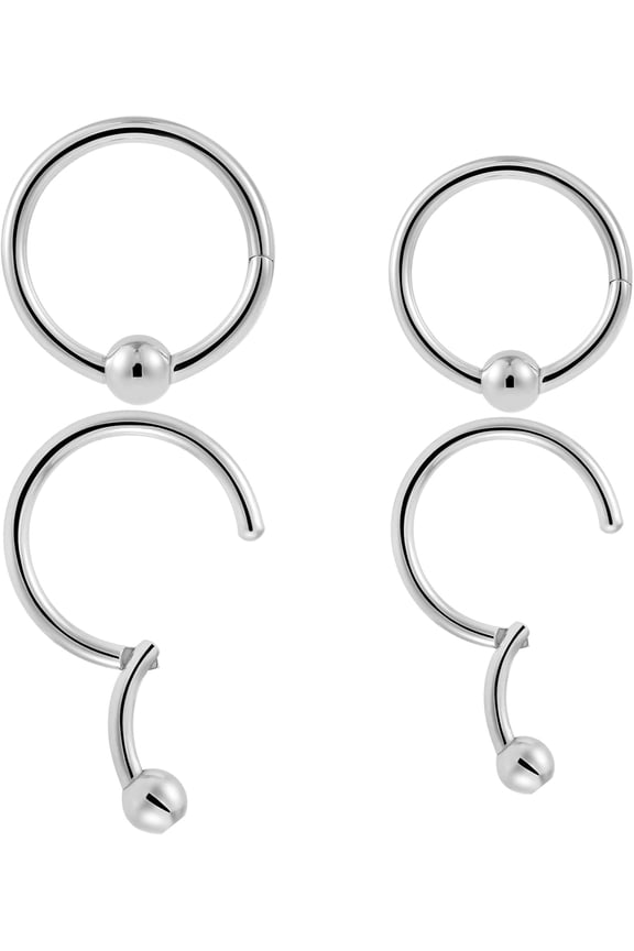 2 Pairs-16G Implant Grade Steel Hinged Clicker Captive Bead Septum Lip Rings Ball Closure