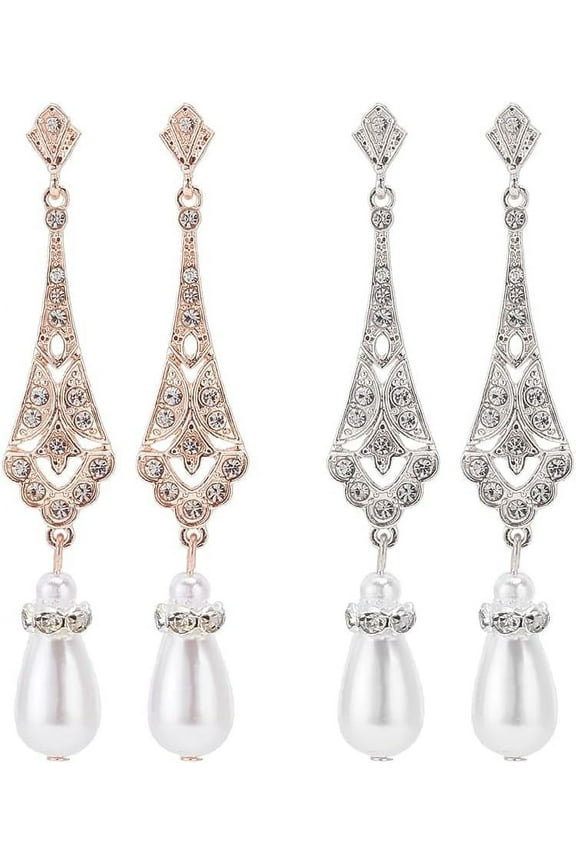 2 Pairs 1920s Flapper Art Deco Gatsby Earrings for Women Great Gatsby Costume Woman Pearl Drop Dangle Stud Earrings Wedding Sliver Costume vintage Jewelry Earrings for New Year Gifts
