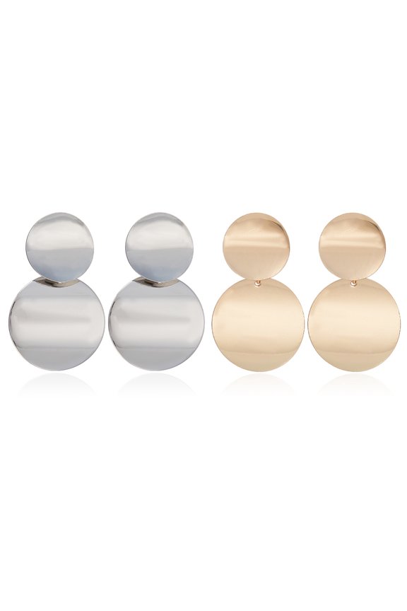 2 Pairs 2 Colors Alloy Double Flat Round Dangle Stud Earrings for Women Platinum & Golden 45mm Pin: 0.7mm 1 Pair/color
