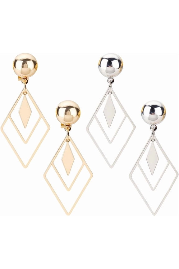 2 Pairs 2 Colors Alloy Rhombus Clip-on Earrings 47x20mm Statement Vintage Geometry Dangle Clip On Earrings Trendy Accessories Creative Jewelry Gift for DIY Women Golden Platinum