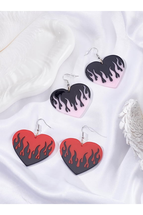 2 Pairs 2 Colors Colorful Flame Acrylic Earrings Punk Fire Heart Burning Dangle Drop Earrings Geometric Acrylic Flame Earrings