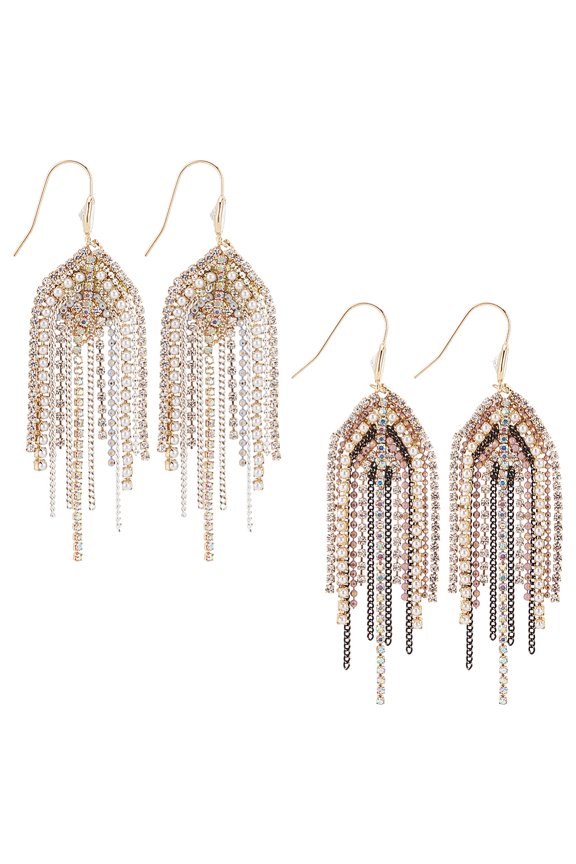 2 Pairs 2 Colors Natural Pearl Beaded Rhinestone Chains Tassel Earrings Golden Brass Long Dangle Earrings Mixed Color 80mm 1 pair/color