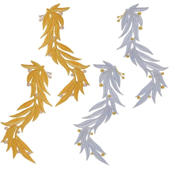 2 Pairs 2 Colors Polyester Metallic Thread Embroidery Leaf Appliques Sew on Ornament Accessories Mixed Color 230x110x1mm