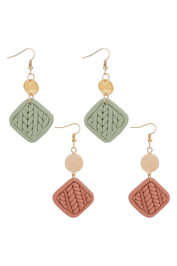 2 Pairs 2 Colors Polymer Clay Rhombus Dangle Earrings Brass Long Drop Earrings for Women Mixed Color 77.5mm Pin: 0.6mm 1 Pair/color